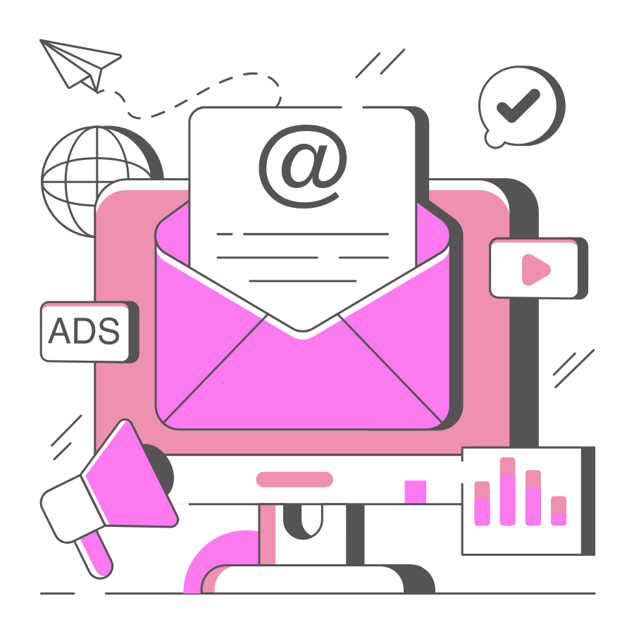 εικονίδιο ροζ με υπολογιστή και emails